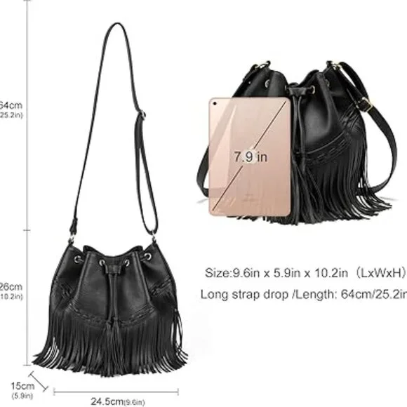 Leather Bucket Bags for Women Crossbody Fringe Purses with Drawstring Ladies - Picture 5 of 5